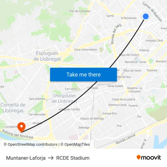 Muntaner-Laforja to RCDE Stadium map