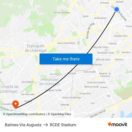 Balmes-Via Augusta to RCDE Stadium map