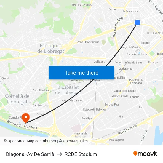 Diagonal-Av De Sarrià to RCDE Stadium map