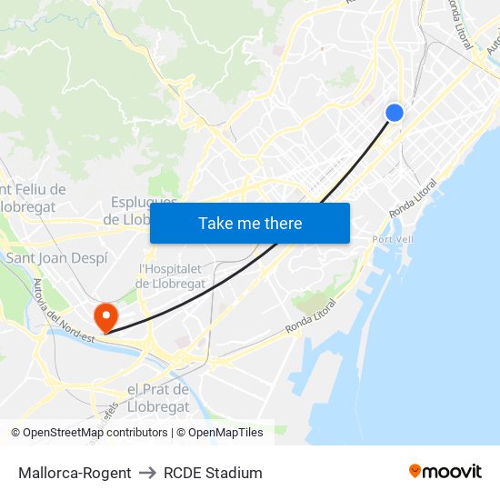 Mallorca-Rogent to RCDE Stadium map