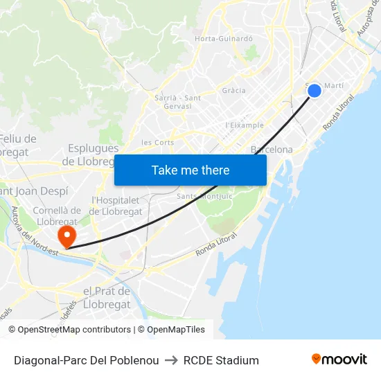 Diagonal-Parc Del Poblenou to RCDE Stadium map
