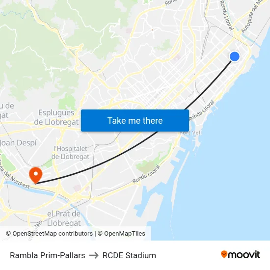 Rambla Prim-Pallars to RCDE Stadium map