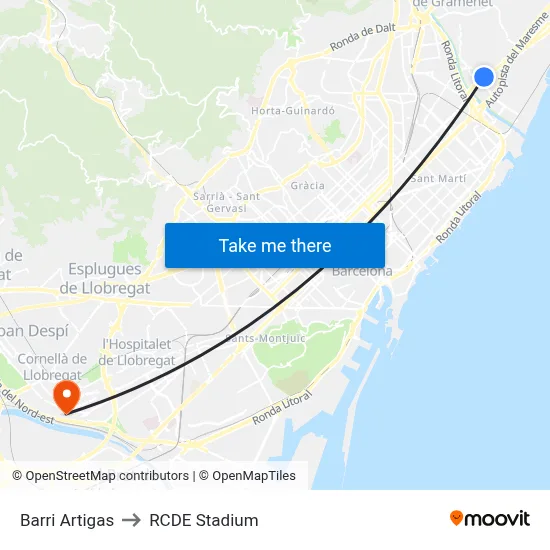 Barri Artigas to RCDE Stadium map