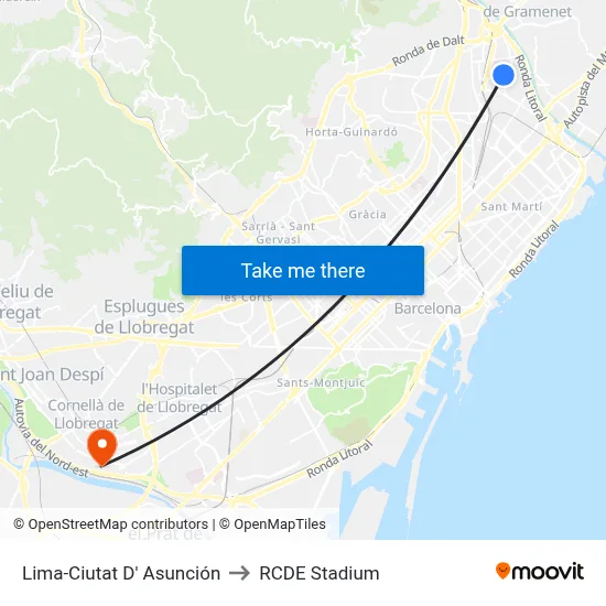 Lima-Ciutat D' Asunción to RCDE Stadium map