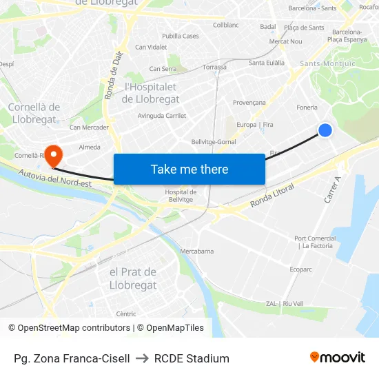 Pg. Zona Franca-Cisell to RCDE Stadium map