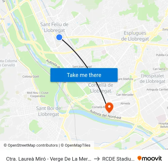 Ctra. Laureà Miró - Verge De La Mercè to RCDE Stadium map