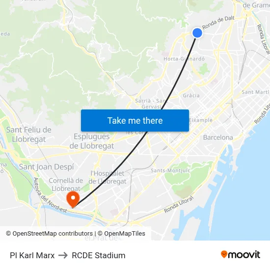 Pl Karl Marx to RCDE Stadium map