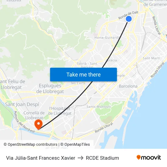 Via Júlia-Sant Francesc Xavier to RCDE Stadium map