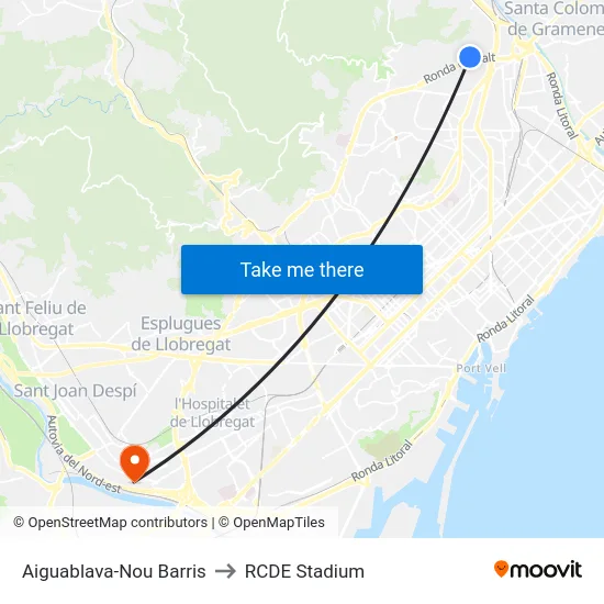 Aiguablava-Nou Barris to RCDE Stadium map