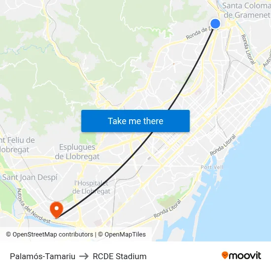 Palamós-Tamariu to RCDE Stadium map