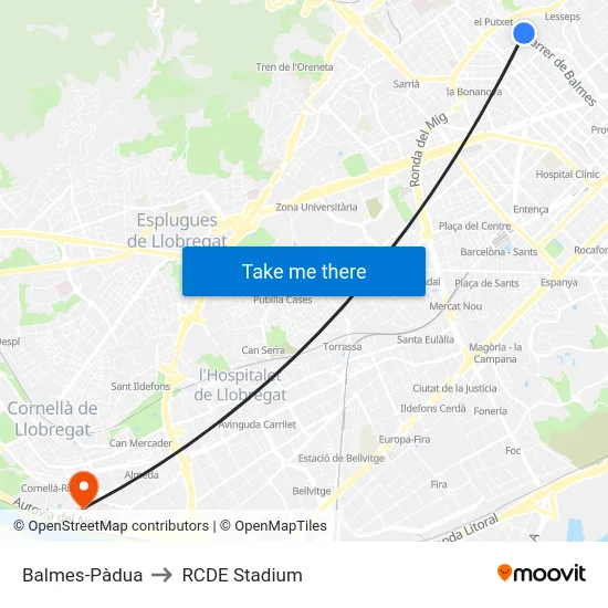 Balmes-Pàdua to RCDE Stadium map