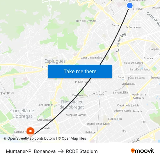 Muntaner-Pl Bonanova to RCDE Stadium map