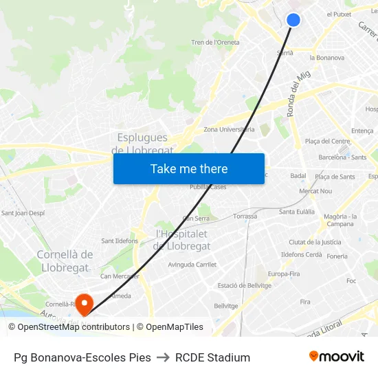 Pg Bonanova-Escoles Pies to RCDE Stadium map