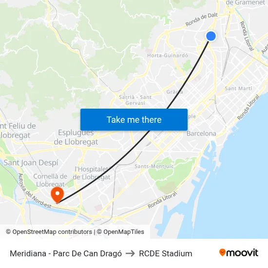 Meridiana - Parc De Can Dragó to RCDE Stadium map