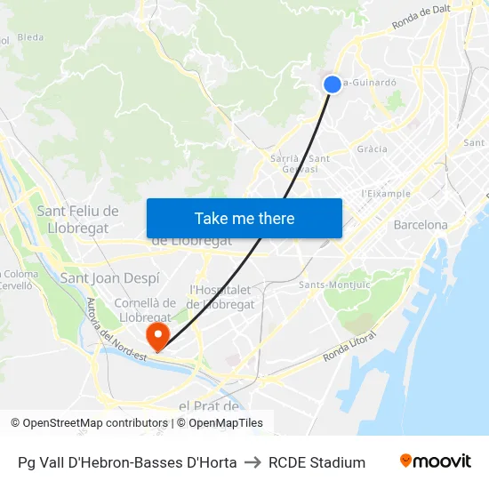 Pg Vall D'Hebron-Basses D'Horta to RCDE Stadium map