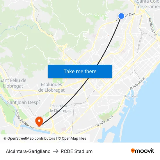 Alcántara-Garigliano to RCDE Stadium map