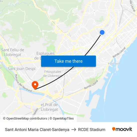 Sant Antoni Maria Claret-Sardenya to RCDE Stadium map