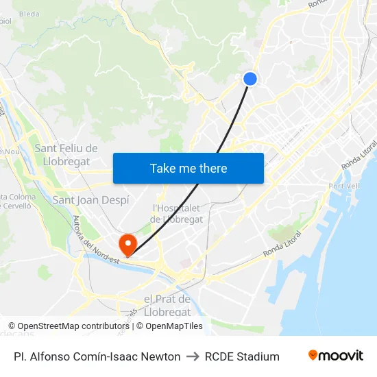 Pl. Alfonso Comín-Isaac Newton to RCDE Stadium map