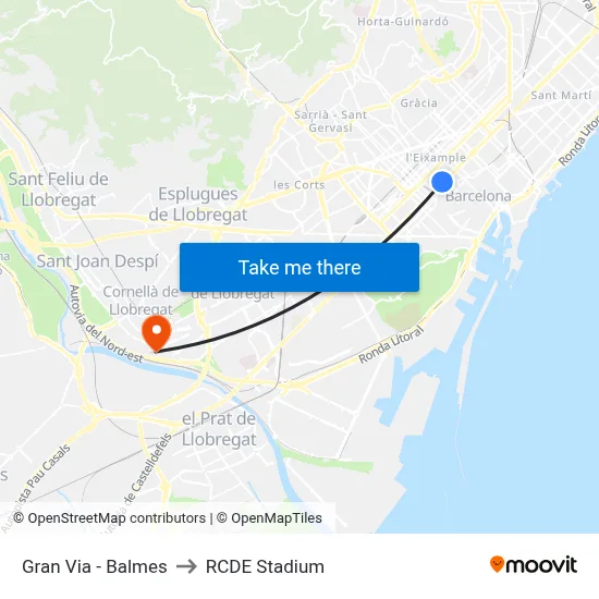 Gran Via - Balmes to RCDE Stadium map