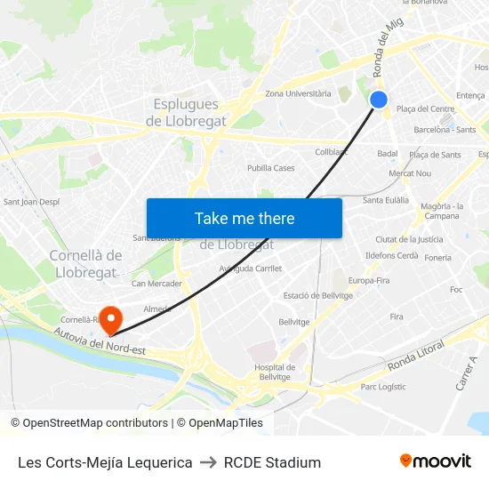 Les Corts-Mejía Lequerica to RCDE Stadium map