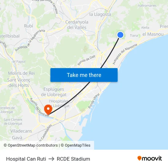Hospital Can Ruti to RCDE Stadium map