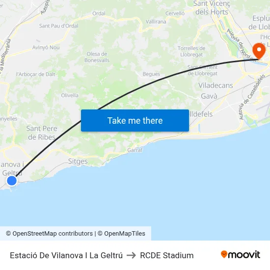 Estació De Vilanova I La Geltrú to RCDE Stadium map