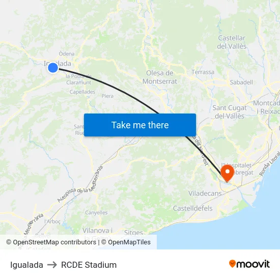 Igualada to RCDE Stadium map