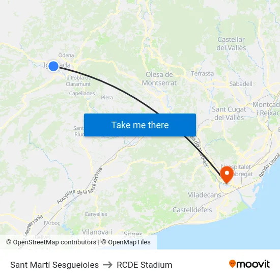 Sant Martí Sesgueioles to RCDE Stadium map