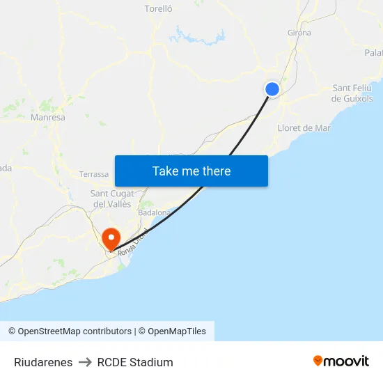 Riudarenes to RCDE Stadium map
