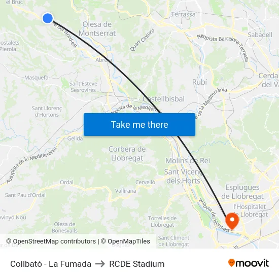 Collbató - La Fumada to RCDE Stadium map