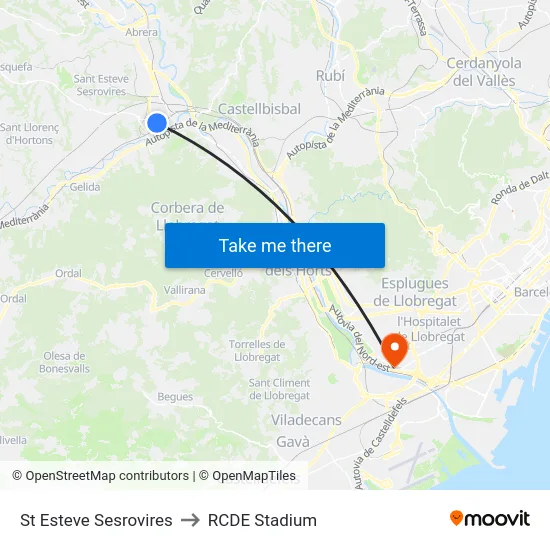 St Esteve Sesrovires to RCDE Stadium map
