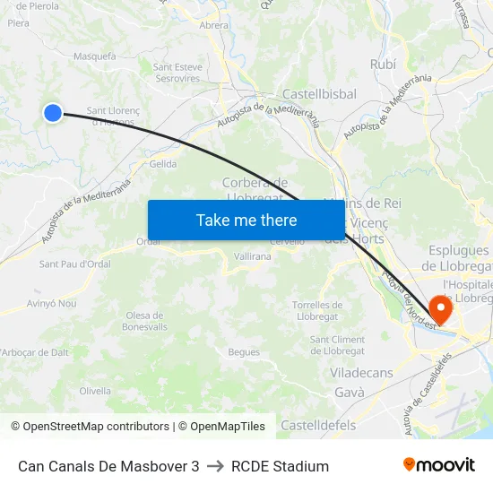 Can Canals De Masbover 3 to RCDE Stadium map