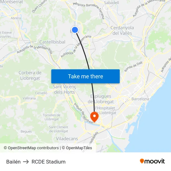 Bailén to RCDE Stadium map