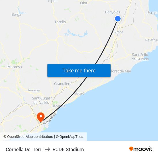 Cornellà Del Terri to RCDE Stadium map