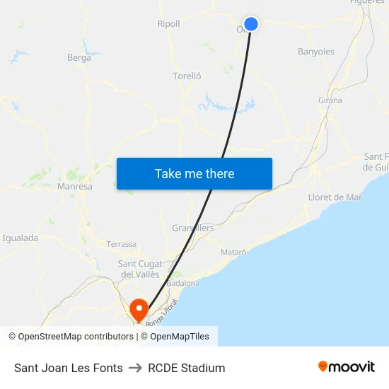 Sant Joan Les Fonts to RCDE Stadium map