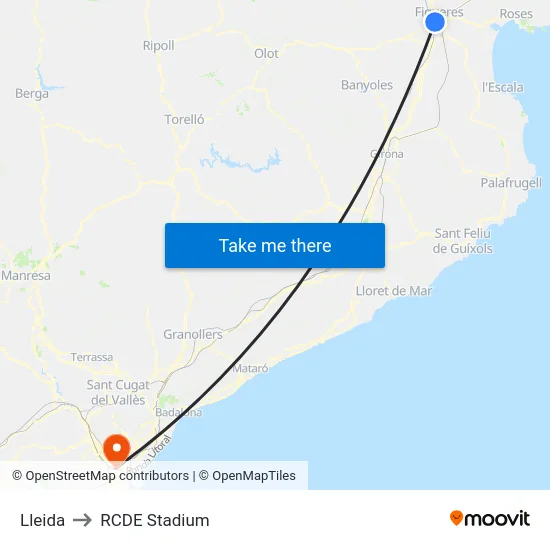 Lleida to RCDE Stadium map