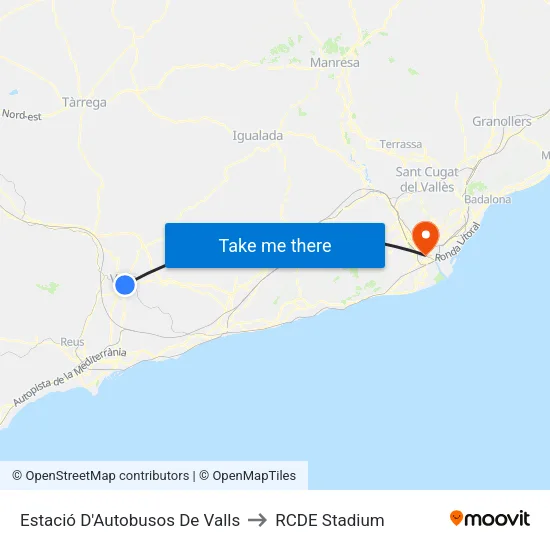 Estació D'Autobusos De Valls to RCDE Stadium map
