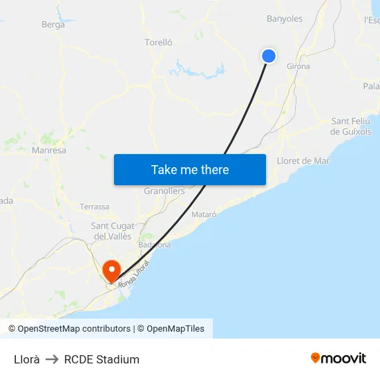 Llorà to RCDE Stadium map