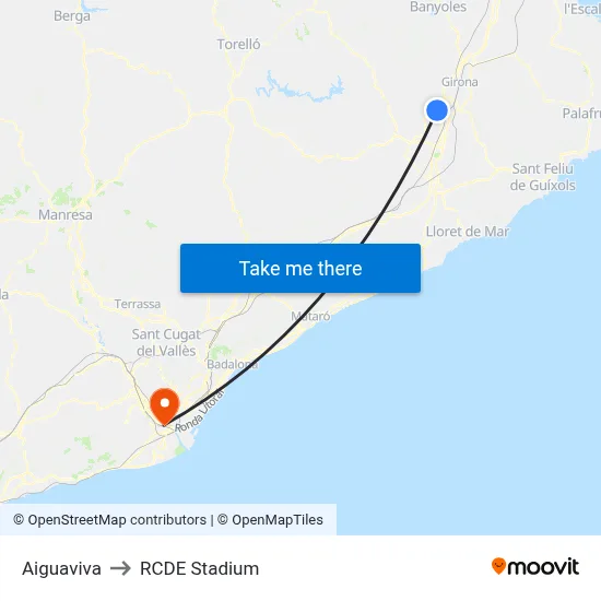Aiguaviva to RCDE Stadium map