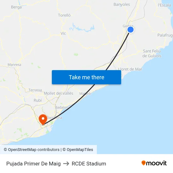 Pujada Primer De Maig to RCDE Stadium map