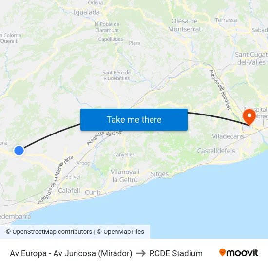 Av Europa - Av Juncosa (Mirador) to RCDE Stadium map