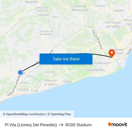 Pl Vila (Llorenç Del Penedès) to RCDE Stadium map