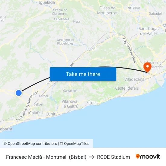 Francesc Macià - Montmell (Bisbal) to RCDE Stadium map