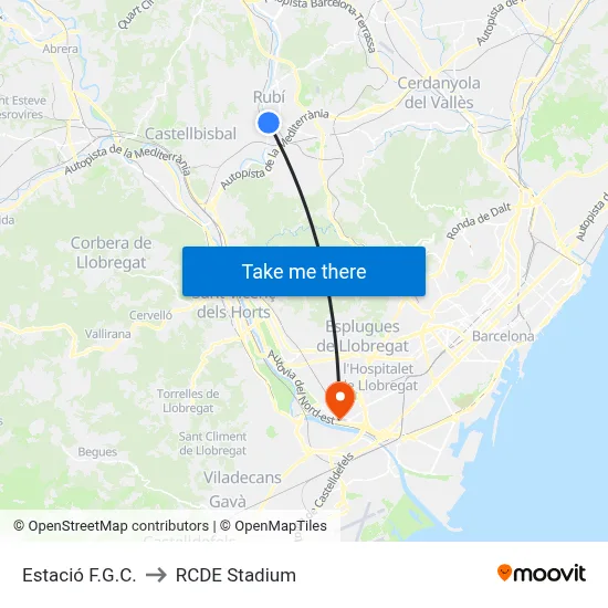 Estació F.G.C. to RCDE Stadium map