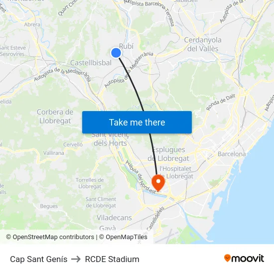 Cap Sant Genís to RCDE Stadium map