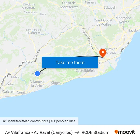 Av Vilafranca - Av Raval (Canyelles) to RCDE Stadium map