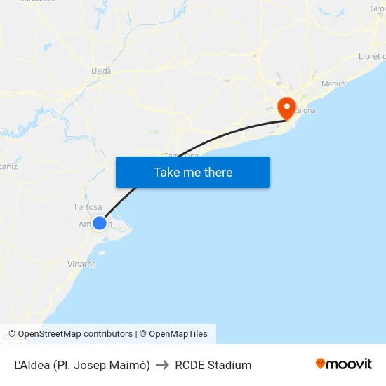 L'Aldea (Pl. Josep Maimó) to RCDE Stadium map