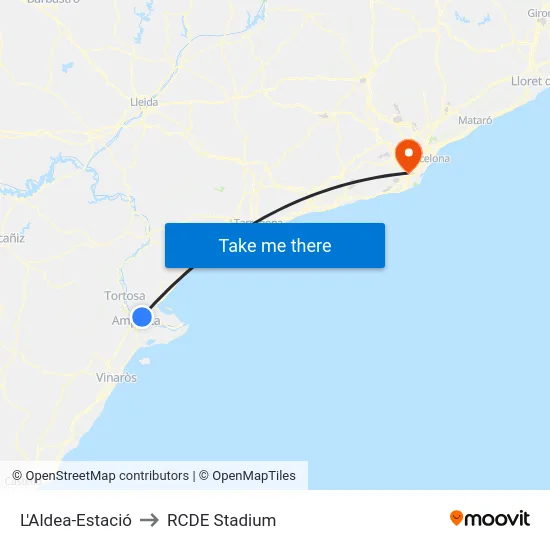 L'Aldea-Estació to RCDE Stadium map