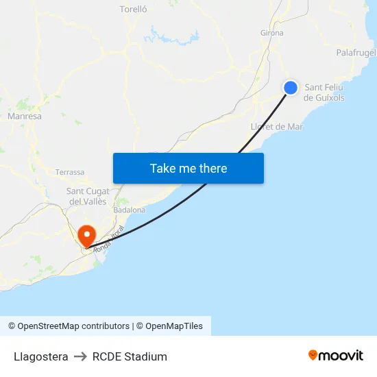 Llagostera to RCDE Stadium map