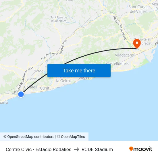 Centre Cívic - Estació Rodalies to RCDE Stadium map